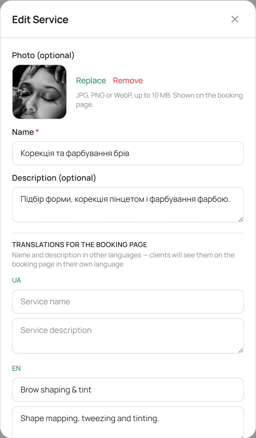 Service editor: photo, name, description and translations for the booking page